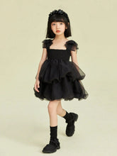 Girls' Black Swan Mesh Tutu Dress With Bowknot Shoulder Straps, Summer Princess Dress For Children